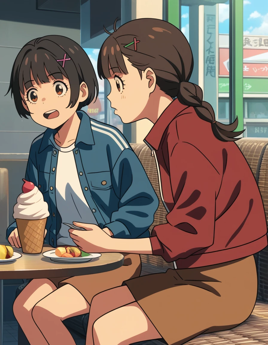 score_9, score_8_up, score_7_up, score_6_up, score_5_up, score_4_up, source_anime,
2girls, excited, facing another, cafe, ice cream
BREAK
suzume, braid, hairclip, x hair ornament, denim jacket, blue jacket, long sleeves, white shirt, brown skirt
BREAK
chika, shorts, track jacket, red jacket