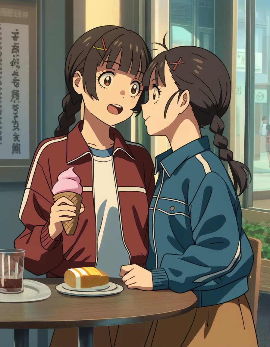 score_9, score_8_up, score_7_up, score_6_up, score_5_up, score_4_up, source_anime,
2girls, excited, facing another, cafe, ice cream
BREAK
suzume, braid, hairclip, x hair ornament, denim jacket, blue jacket, long sleeves, white shirt, brown skirt
BREAK
chika, shorts, track jacket, red jacket