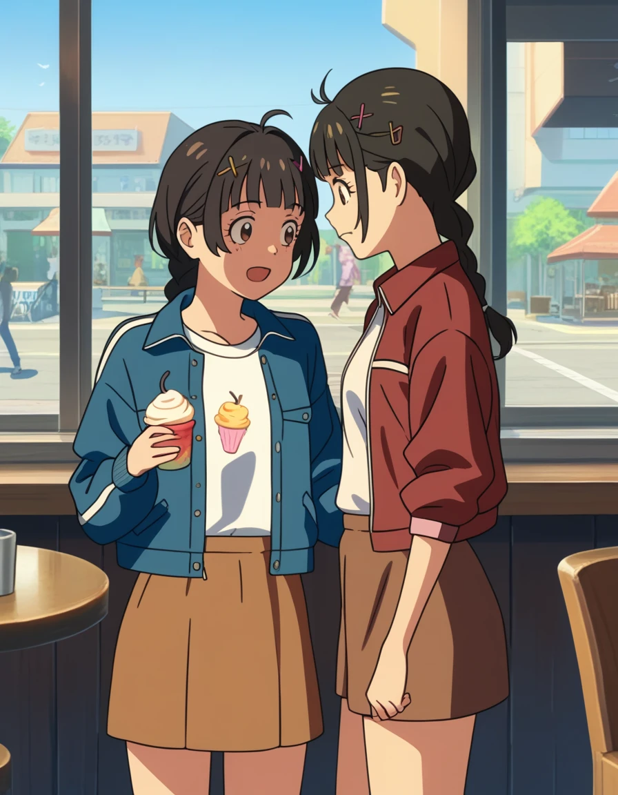 score_9, score_8_up, score_7_up, score_6_up, score_5_up, score_4_up, source_anime,
2girls, excited, facing another, cafe, ice cream
BREAK
suzume, braid, hairclip, x hair ornament, denim jacket, blue jacket, long sleeves, white shirt, brown skirt
BREAK
chika, shorts, track jacket, red jacket