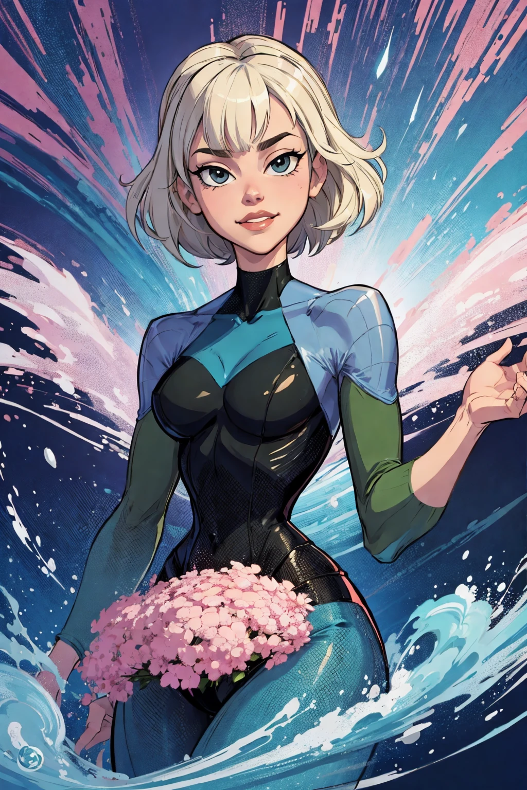 (masterpiece, top quality, best quality, official art, beautiful and aesthetic:1.2),highly detailed face,1girl,gwen_stacy, (portrait:1.3),spider-gwen suit , bodysuit superhero(extremely detailed,highres, highest detailed,8k,absurdres,CG),happy,full body pose,cowboy shot,cute smile.full body pose