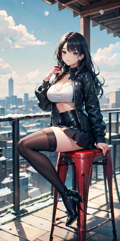 work of art, 8K, style of art by shaman240, very highly detailed face, detailed clothing, detailed fabric, 1 girl, beautiful face, asymmetrical long hair, hair light blue, breasts big, slim, thick-thighs, wearing beautiful winter clothes, peencil leather mini skirt, Dior thigh high boots ,very detailed blue cat eyes, sitting on a stool inside a modern cafe, holding a phone, cute smile, sunny winter scenery, full body view, happy expression,