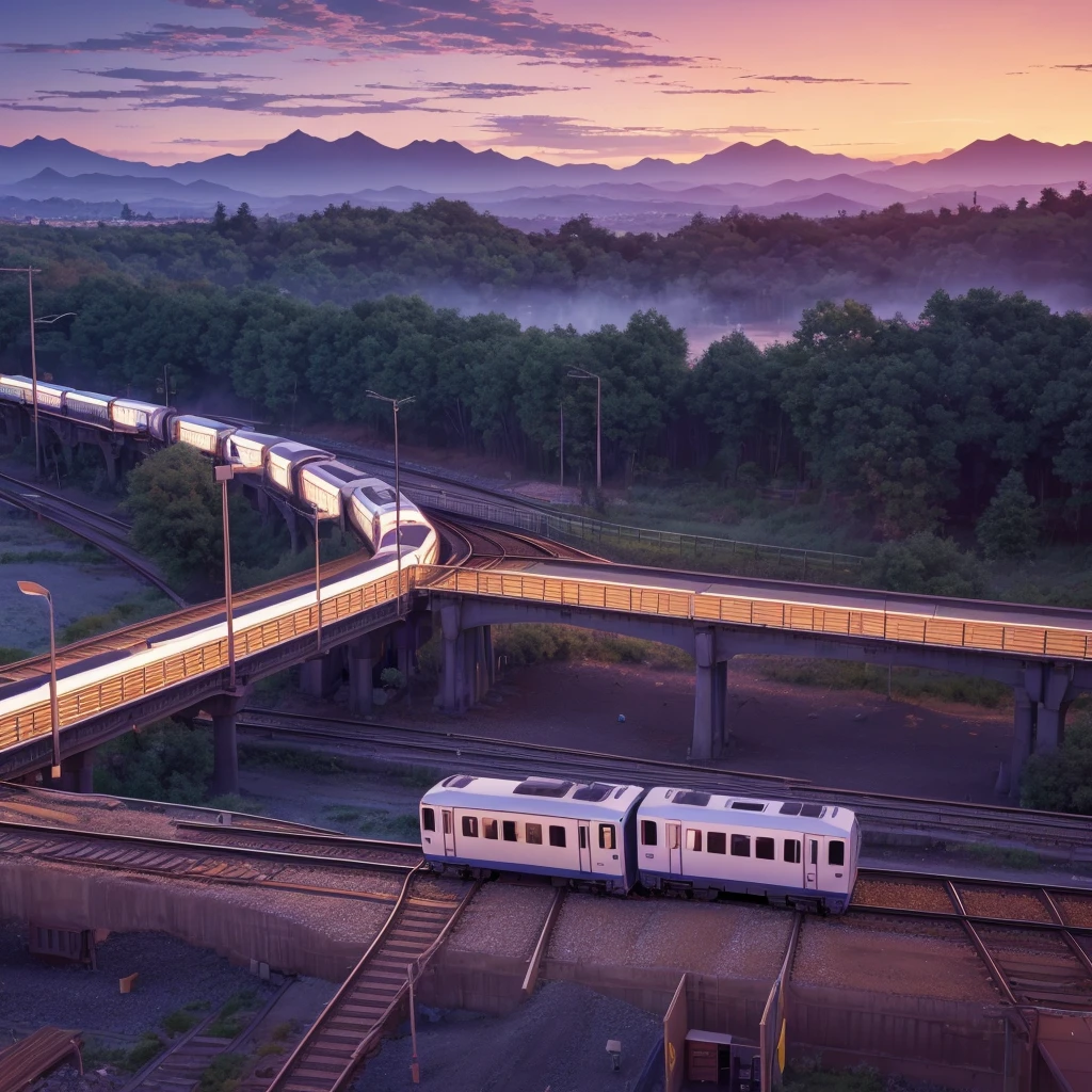 A cartoon train crossing the tracks with the sky as a background, Beautiful and harmonious scene, Exquisite animation, Rich details (Width is 672), high quality, Vivid 4K, Artistic 4k wallpapers, Amazing anime scenery, 8k art wallpaper.,high school girl,She is alone,stand,Broken Heart,Have a smartphone,Are crying