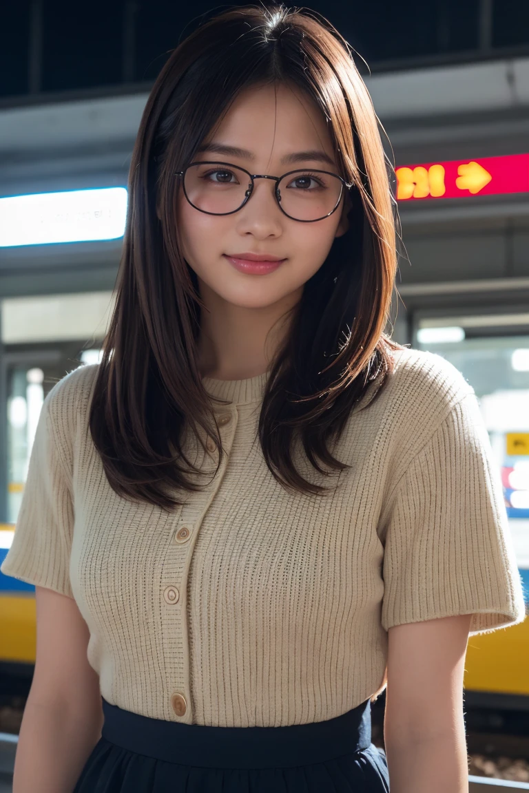 (8K、Raw photo、Highest quality、masterpiece:1.2)、(Realistic、Photorealistic:1.37)、Ultra-detailed、Ultra-high resolution、1 girl、Seeing the viewer、Beautifully detailed face、Laughter、narrow、(Slim waist) :1.3)、shortcut、Beautifully detailed skin、Skin Texture、Floating Hair、Professional Lighting、Waiting for the train on the platform、Black-rimmed square glasses 、Human whole body、Brown Hair、