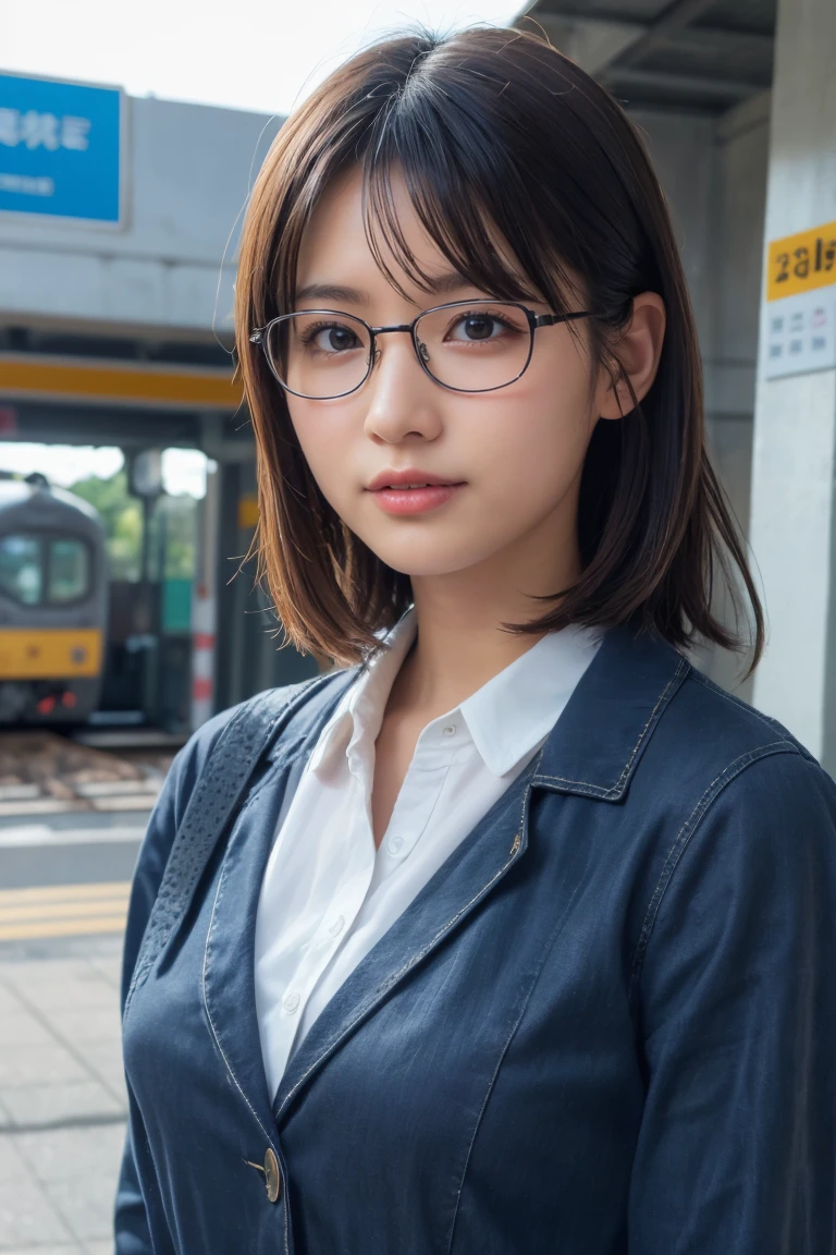 (8K、Raw photo、Highest quality、masterpiece:1.2)、(Realistic、Photorealistic:1.37)、Ultra-detailed、Ultra-high resolution、1 girl、Seeing the viewer、Beautifully detailed face、Laughter、narrow、(Slim waist) :1.3)、shortcut、Beautifully detailed skin、Skin Texture、Floating Hair、Professional Lighting、Waiting for the train on the platform、Black-rimmed square glasses 、Human whole body、Brown Hair、