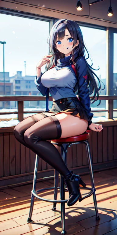 work of art, 8K, style of art by shaman240, very highly detailed face, detailed clothing, detailed fabric, 1 girl, beautiful face, asymmetrical long hair, hair light blue, breasts big, slim, thick-thighs, wearing beautiful winter clothes, peencil leather mini skirt, Dior thigh high boots ,very detailed blue cat eyes, sitting on a stool inside a modern cafe, holding a phone, cute smile, sunny winter scenery, full body view, happy expression,