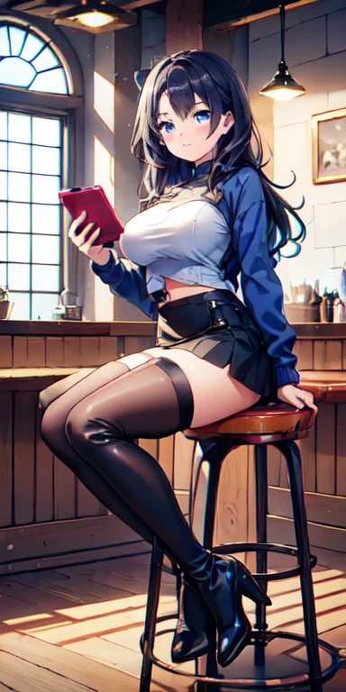 bloodborne aesthetic, large breasts, narrow waist, perky butt and legs, wide hips, front view, sitting on office table, ?????, legs open, wet pussy, Black hair, 20 year old female