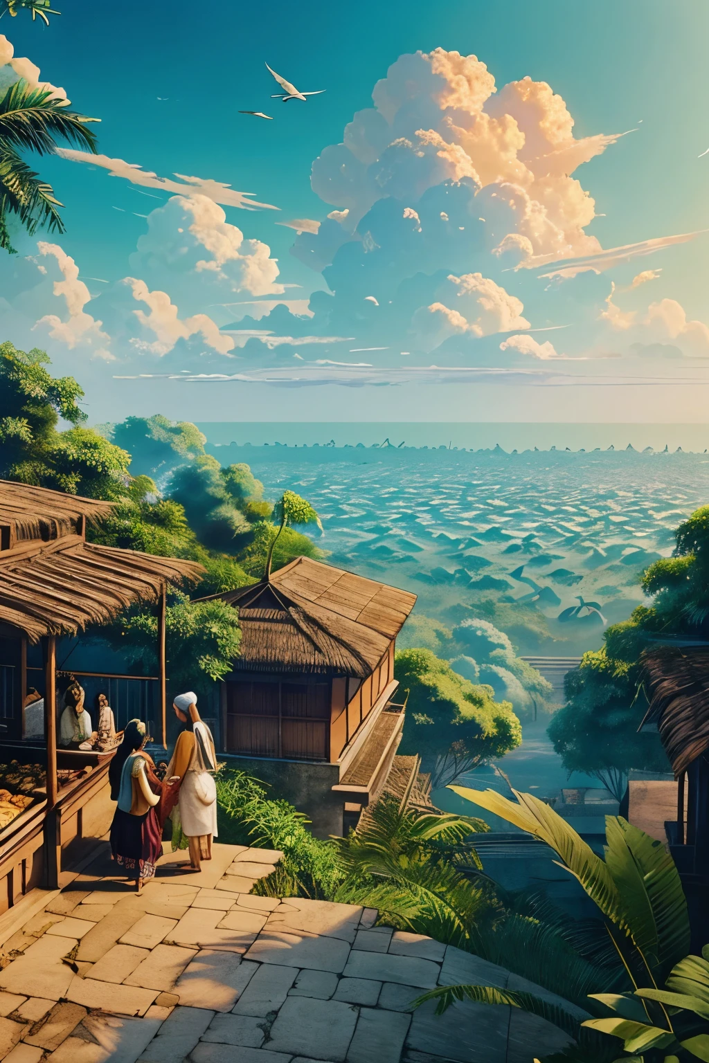 A beautiful anime scene where on one side there is a jungle and on the other side there is a sea where a girl is eating with her beautiful sister. The birds are looking at her and the sky is full of clouds. There is hustle and bustle all around, many food items are kept below Dastar Kanpur.