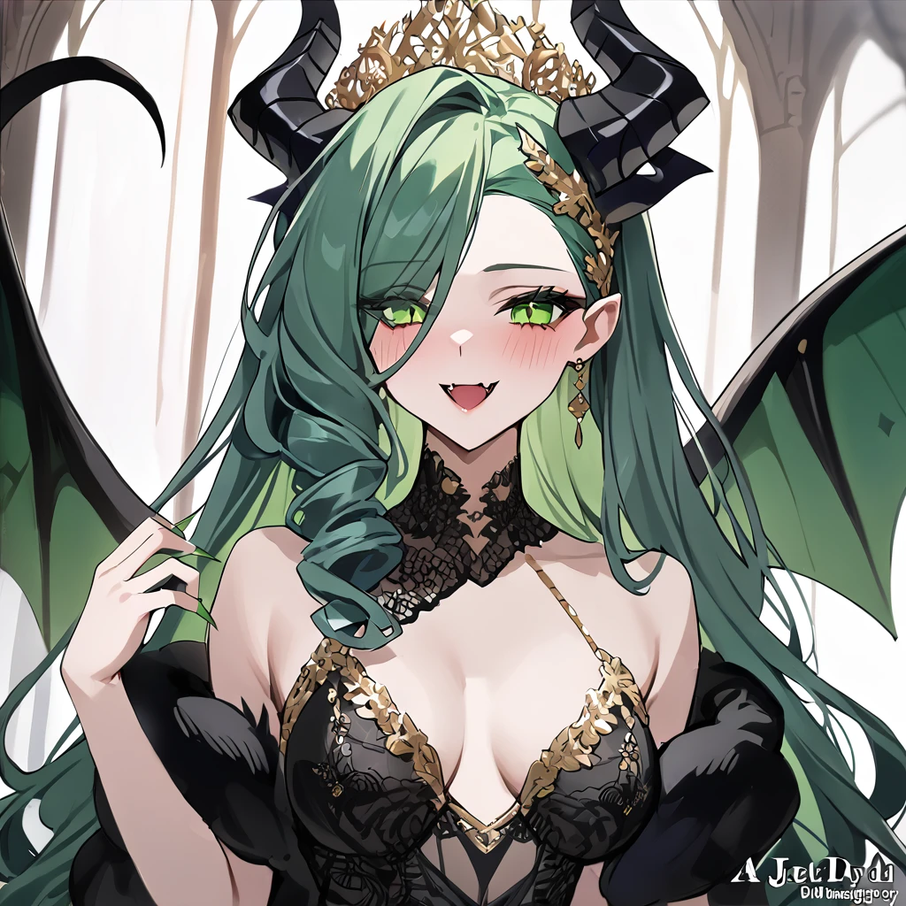 ((Highest quality)), ((masterpiece)), (detailed), （Perfect Face）、The woman is the Devil Queen Lydia, a female demon wearing a luxurious black wedding dress decorated with gold.、The woman is a female demon with magnificent devil horns, jet black devil wings, and a jet black tail. She is looking at the camera with a happy expression, named Lydia, and has green, semi-long asymmetrical hair with the expression of a girl in love.、The woman is Lydia