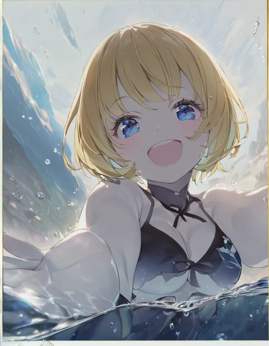 A cute girl in a swimsuit（original bikini swimsuit）(Small body) (Little Girl:1.5), (blonde:1.5）(eyelash:1.2)(eye shadow:1.3) (Blue eyes:1.5), (Beautiful fine details:1.4) (Short Bob Hair:1.4), (Blue eyes)(Big Breasts:1.3) (White skin:1.2)Height: 130cm, original character, Fantasy, View Viewer Art： (A girl with beautiful deep eyes. The depth of field in the photo is perfect、Lens flares create a nice atmosphere. The details of her face really stand out, This photo definitely gets a 10 or more.. background, There is a beautiful sea with crystal clear water and water droplets floating on the surface.　Laughing happily
