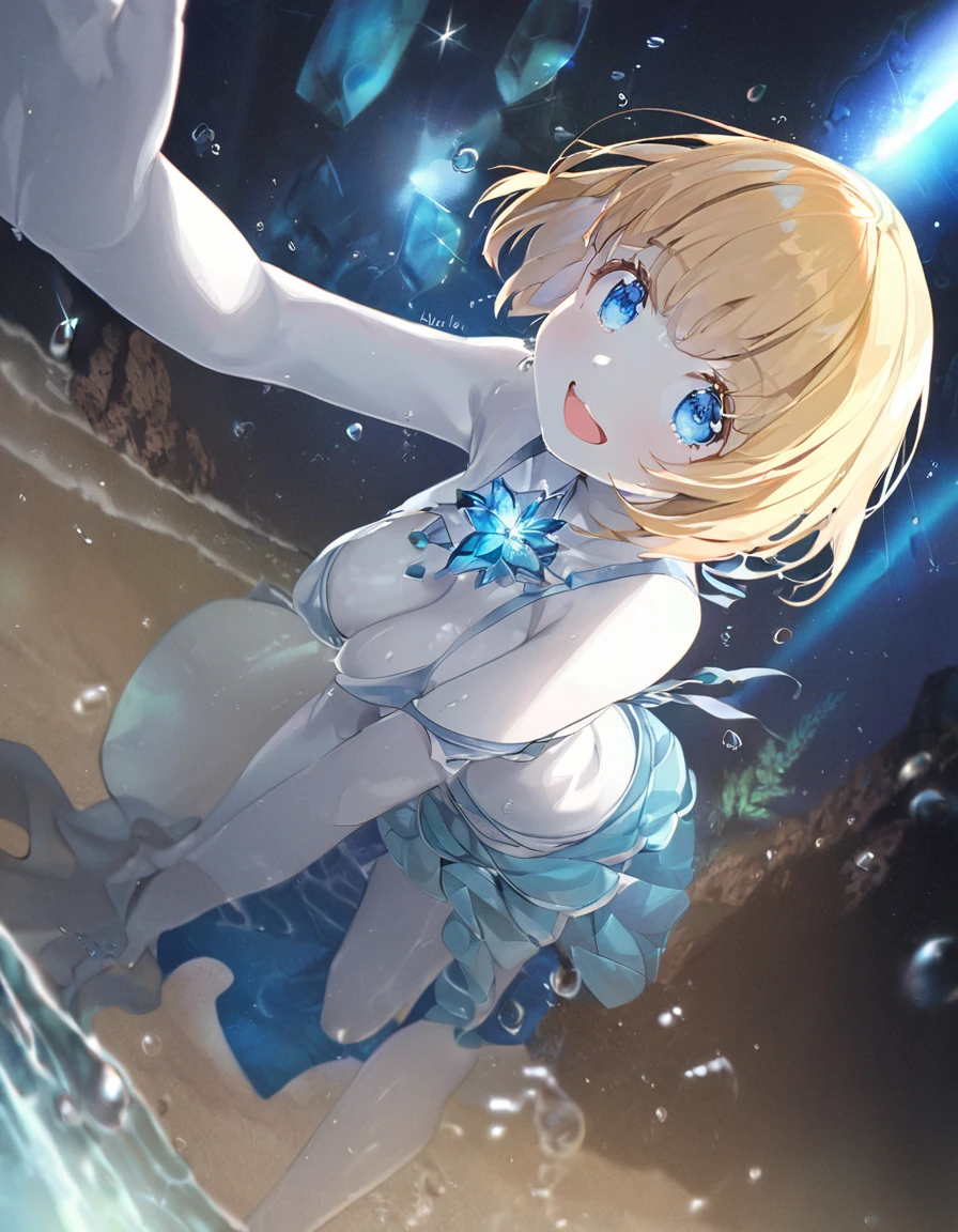A cute girl in a swimsuit(original bikini swimsuit)(Small body) (:1.5), (blonde:1.5)(eyelash:1.2)(eye shadow:1.3) (Blue eyes:1.5), (Beautiful fine details:1.4) (Short Bob Hair:1.4), (Blue eyes)(Big Breasts:1.3) (White skin:1.2)Height: 130cm, original character, Fantasy, View Viewer Art: (A girl with beautiful deep eyes. The depth of field in the photo is perfect、Lens flares create a nice atmosphere. The details of her face really stand out, This photo definitely gets a 10 or more.. background, There is a beautiful sea with crystal clear water and water droplets floating on the surface. Laughing happily