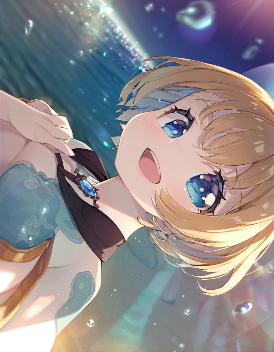 A cute girl in a swimsuit(original bikini swimsuit)() (Little Gironde:1.5)(eyelash:1.2)(eye shadow:1.3) (Blue eyes:1.5), (Beautiful fine details:1.4) (Short Bob Hair:1.4), (Blue eyes)(Big Breasts:1.3) (Whi)Height: 130cm, original character, Fantasy, View Viewer Art: (A girl with beautiful deep eyes. The depth of field in the photo is perfect、Lens flares create a nice atmosphere. The details of her face really stand out, This photo definitely gets a 10 or more.. background, There is a beautiful sea with crystal clear water and water droplets floating on the surface. Laughing happily