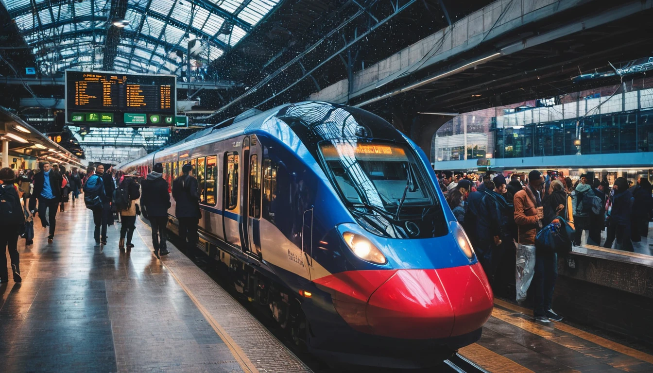 **Image:** A bustling train station filled with commuters and train tracks.
**Descriptive Keywords:** Vibrant, dynamic, urban, rush hour, transportation hub.
**Photographic Style:** Realistic with a touch of cinematic lighting and composition.
**Tone:** Energetic and vibrant, capturing the hustle and bustle of a busy urban transit hub.
**Object:** A sleek, modern train.
**Action:** Departing from the platform amidst a flurry of activity, capturing the essence of movement and travel.