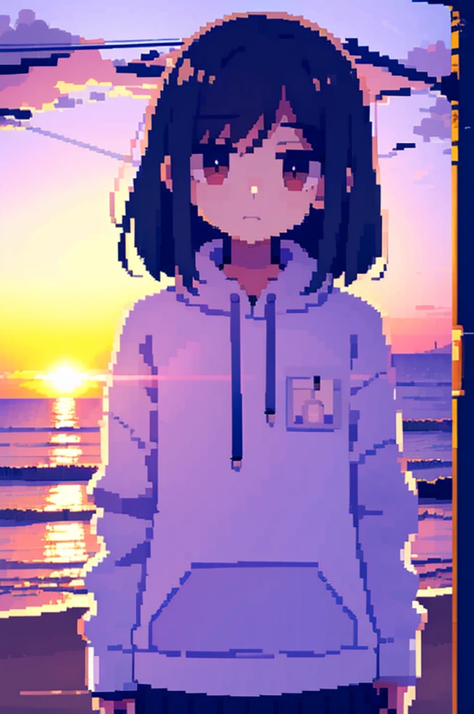 Sunset，On the road by the sea，A 17-year-old girl is looking at the camera with reluctant eyes，Wearing a sweatshirt with pockets，Pixel style，Upper Body，Lens wide angle，Atmospheric lens，The girl is in the lower right corner of the camera