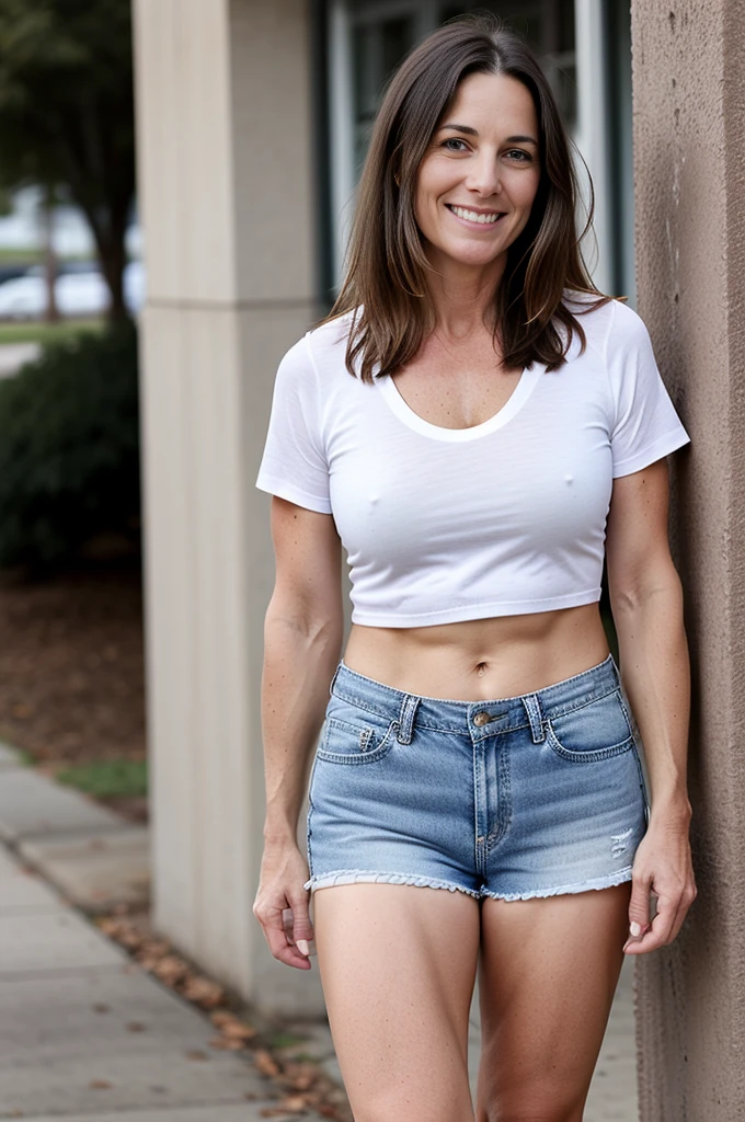 Sexy 40 year old mom, athletic, wearing short little shorts Looking seductive. Standing outside a school. Straight hair.