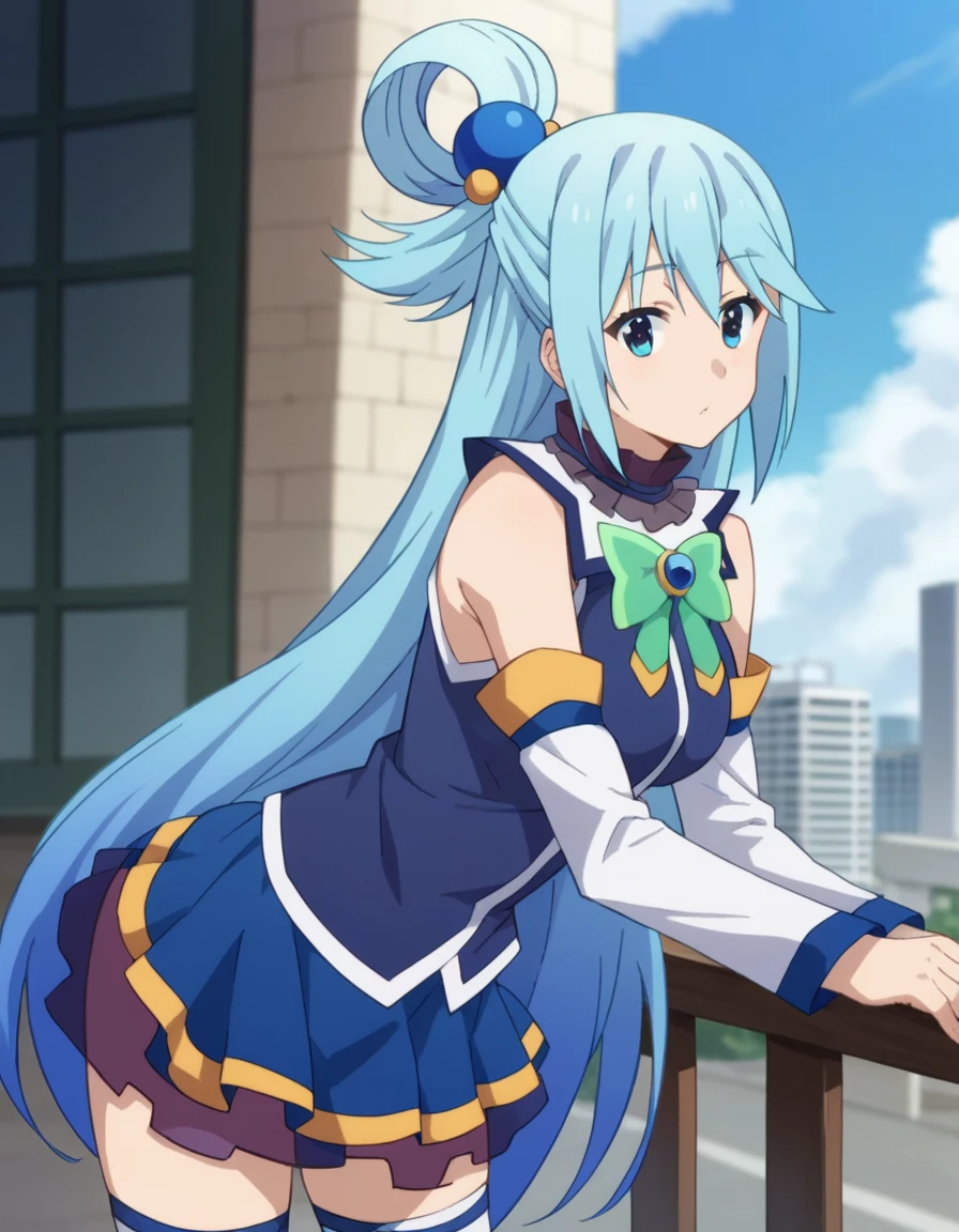 score_9, score_8_up, score_7_up, source_anime,
konosubaaqua, aqua \(konosuba\), long hair, blue eyes, hair ornament, very long hair, blue hair, hair rings, single hair ring, hair bobbles,
skirt, shirt, thighhighs, bare shoulders, detached sleeves, white thighhighs, blue skirt, blue shirt, green bow,
outdoors, cityscape, bent over,
looking at viewer, cowboy shot, dutch angle,