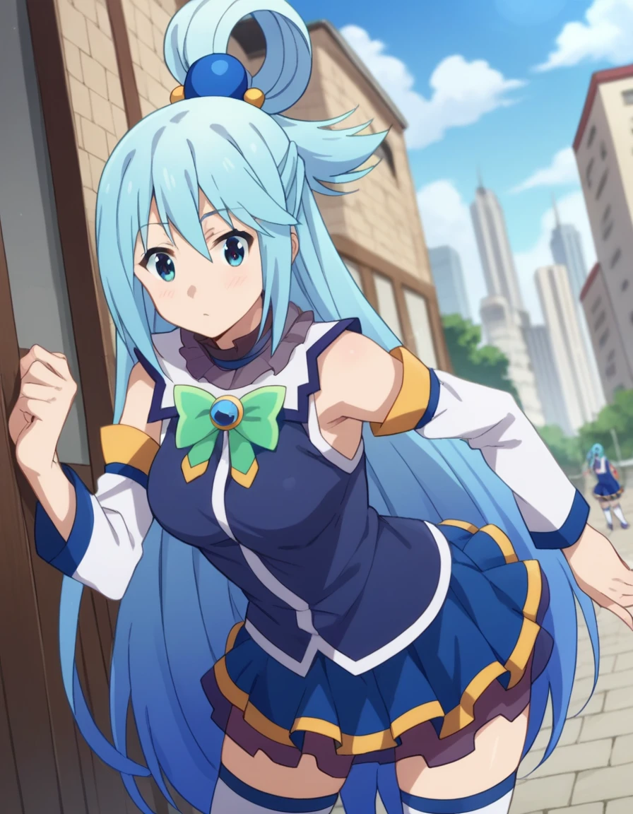 score_9, score_8_up, score_7_up, source_anime,
konosubaaqua, aqua \(konosuba\), long hair, blue eyes, hair ornament, very long hair, blue hair, hair rings, single hair ring, hair bobbles,
skirt, shirt, thighhighs, bare shoulders, detached sleeves, white thighhighs, blue skirt, blue shirt, green bow,
outdoors, cityscape, bent over,
looking at viewer, cowboy shot, dutch angle,