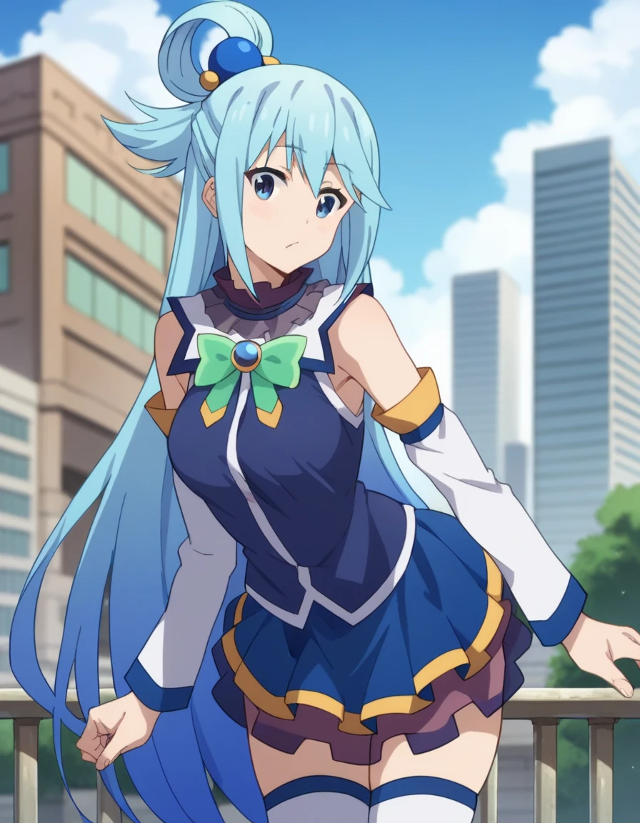 score_9, score_8_up, score_7_up, source_anime,
konosubaaqua, aqua \(konosuba\), long hair, blue eyes, hair ornament, very long hair, blue hair, hair rings, single hair ring, hair bobbles,
skirt, shirt, thighhighs, bare shoulders, detached sleeves, white thighhighs, blue skirt, blue shirt, green bow,
outdoors, cityscape, bent over,
looking at viewer, cowboy shot, dutch angle,