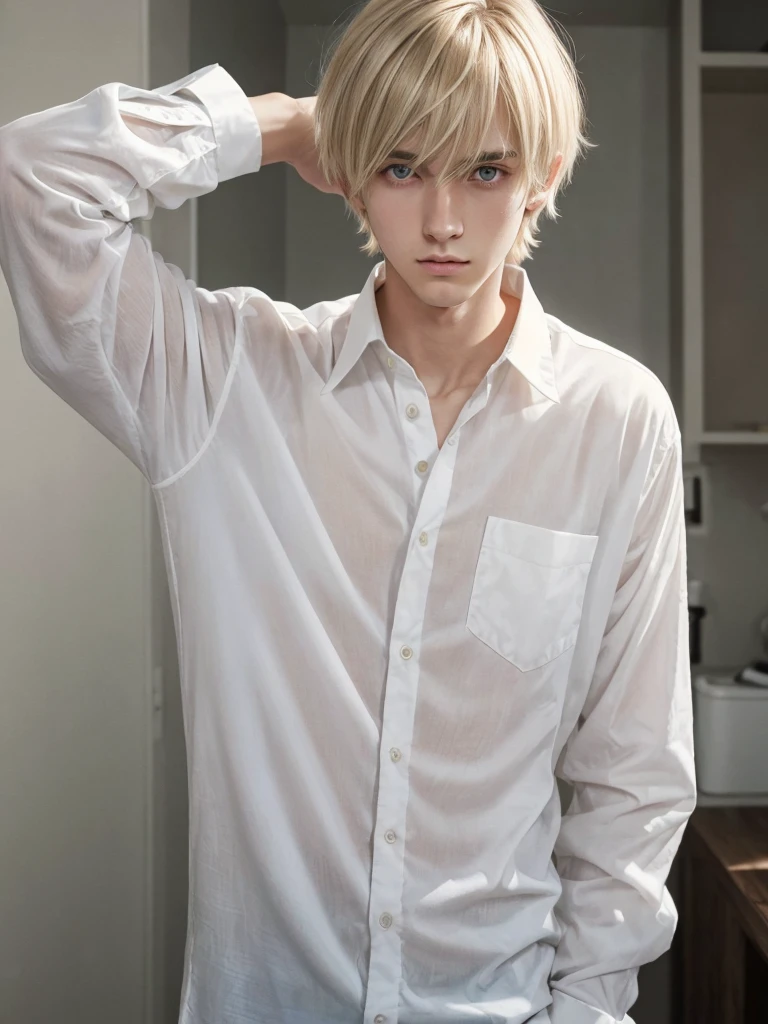 (best quality), 1boy, Male, 24 years old, young man, white skin, blonde hair, messy hair, messy bangs, bangs over eyes, short hair, brown eyes, perfect eyes, Denji, dark circles under eyes, lean, lanky, slender, clear face, tired, white shirt, masculine, masterpiece, anatomically correct, highres
