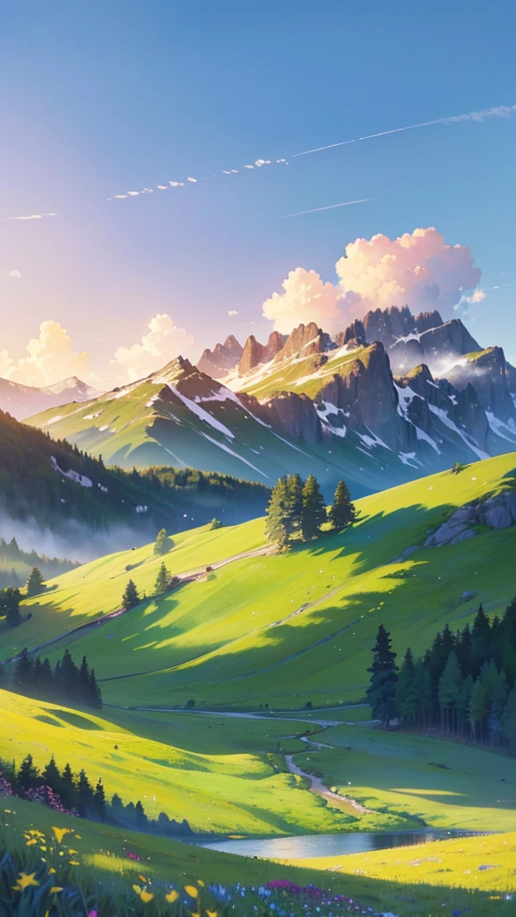 a breathtaking landscape, lush meadow, rolling hills, serene lake, majestic mountains, golden sunset, fluffy clouds, vibrant wildflowers, detailed foliage, natural lighting, photorealistic, cinematic composition, rich color palette, dramatic shadows and highlights, (best quality,4k,8k,highres,masterpiece:1.2),ultra-detailed,(realistic,photorealistic,photo-realistic:1.37),landscape