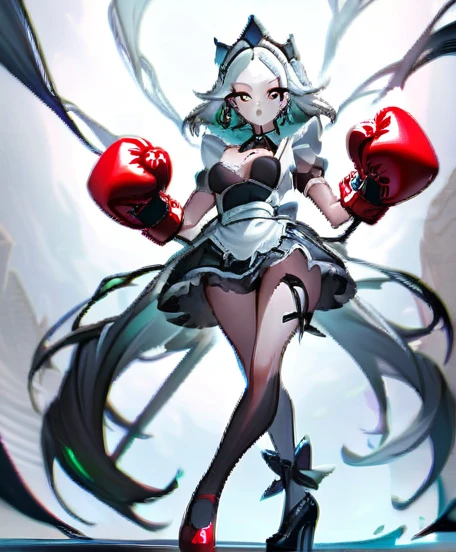 1 Girl，Unique，big eyes，Exquisite facial features，Dark eyeshadow，Maid costume，Silver hair，Thin waist，Extra long legs，Standing，upright，sock，shoe，Boxing gloves