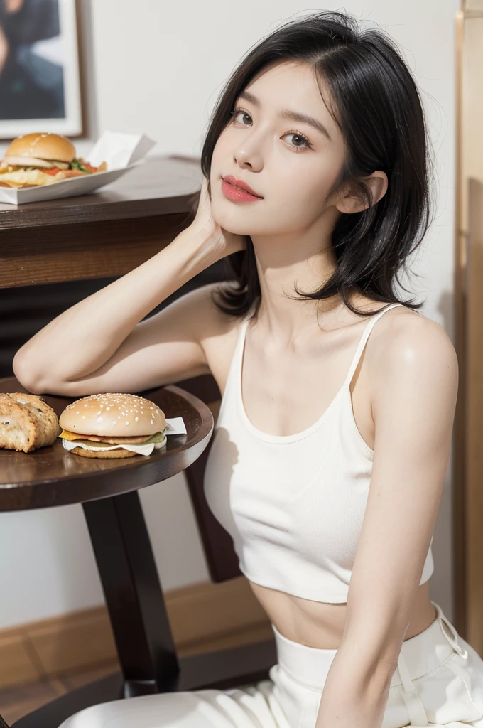 (((best quality))),(((ultra detailed))),(((masterpiece))),illustration,((1girl,solo)),(straight black bob hair:1.2),((slim,thin)),((small breasts,flat chest)),sitting,(in KFC:1.3), (burgers and drink on the table:1.2),((white strap tank top, white pants)), clean, fresh, bright face, sparkling eyes, rosy cheeks, beautiful smile, white teeth, neatly combed hair,sexiness,visible, natural, carefree,bustling restaurant, other customers, enjoying meals, chatting, bright lighting, warm atmosphere, joy, relaxation, cute appearance, carefree attitude, visually appealing, heartwarming,((upper body,from front))