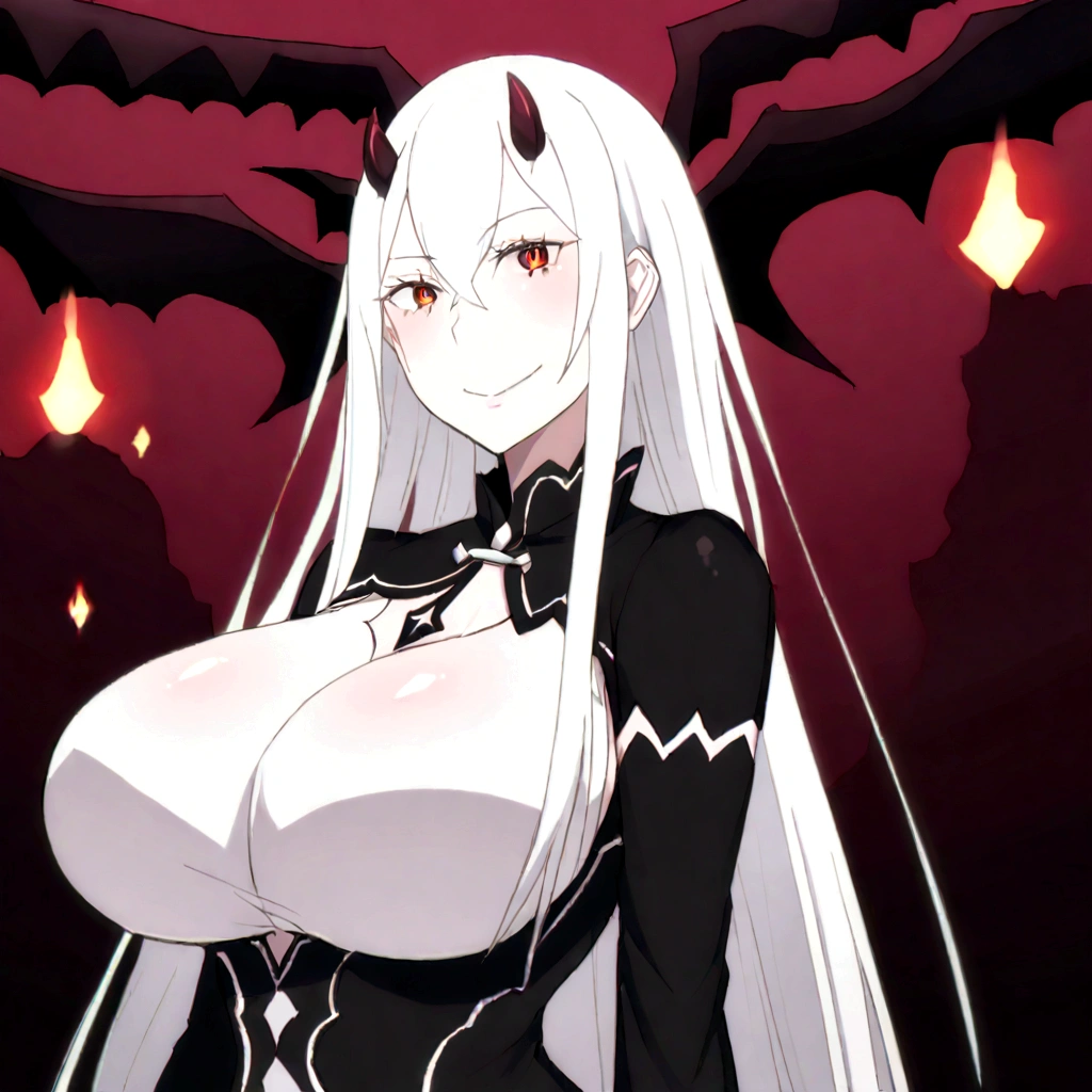 girl, (huge breasts size 160 cm), (narrow waist), Powerful woman, echidna re:zero, by white, big butt 130 cm, beautiful face, fine features, Red eyes, SMILE, devil, evil, psychopath, horns