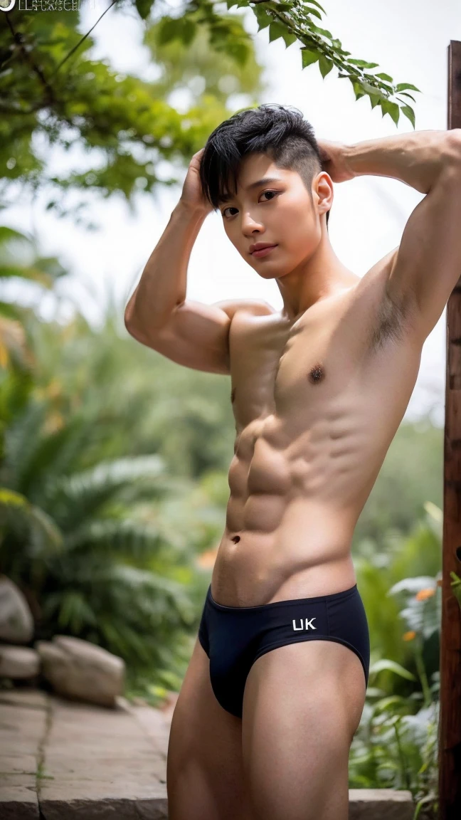In the charming photo, a handsome 35-year-old Chinese man has his beam.., His charm shines through as he proudly shows off his six-pack in full standing pose... He wore y light black panthat emphasizes his figure, He stood in the middle of an outdoor environment.., Bathed in the golden light of a beautiful day. With unparalleled attention to detail.., ภาพเหมือนจริงนี้ผสมผสานสไตล์ของ National Geographic เข้าด้วliftัน., Capture every detail of his textured skin in 8k resolution.. Leica digital SLR camera. His appearance was clearly visible.., From deep-set eyes to a chiselled jawline.., Make this image a true masterpiece...lift. (8k uh、RAW shooting、Photo-realistic images Leica Digital SLR、realistic picture)