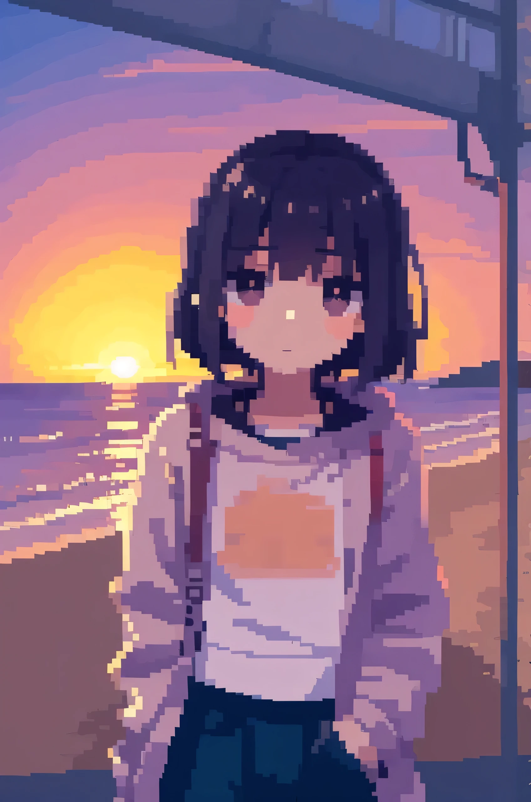 Sunset，On the road by the sea，A 17-year-old girl is looking at the camera with reluctant eyes，Wearing a sweatshirt with pockets，Pixel style，Upper Body，The lens is wide-angle and atmospheric，The girl is in the lower right corner of the camera