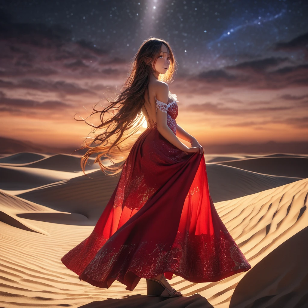 (masterpiece, photo_real, octane-render):1.4, magnificent view, (far away the sea is darker), (midnight sand dunes), sand dunes (Tottori:1.3), (sand ripples:0.95), fantastic, sky full of stars, starry stars cloud colorful, gentle breeze, fantastic Atmosphere, (detailed large indigo eyes:1.2), (moist eyes), 1girl, (holding a red umbrella in the right hand), (perfect hands), ((Side view)), standing on Center of sand dunes, ((in red dress, bare shoulders, white arabesque pattern), dense and delicate clothes, beautiful breasts, wedge sandals, smile, playful, (flinching hair), (Detailed black semi-long hair:1.2), Heart-shaped face woman, (beautiful nape, beautiful spine, diffused natural skin glow), (subjective perspective), (dim light, light-shadow symmetry, ethereal lighting, Faintly emerge from the darkness),