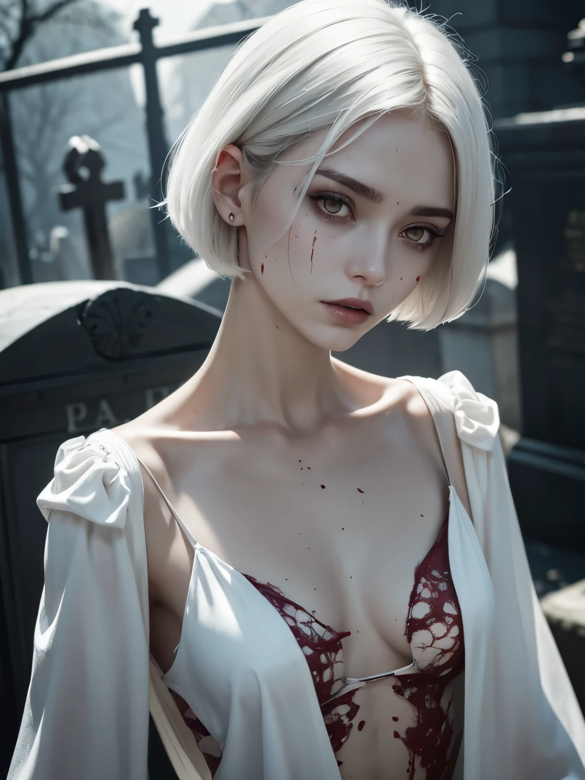 corpse, sinister, female, thin, pale, looking at the camera, ultra realistic, fully detailed, cemetery environment, bright eyes, white dress torn and stained with blood, bones exposed, putrid wounds, sensual, terrifying, bruised by the body, exposed fracture in the collarbone, slight smile, super detailed, white eyes,gun shots in the body, short white hair,