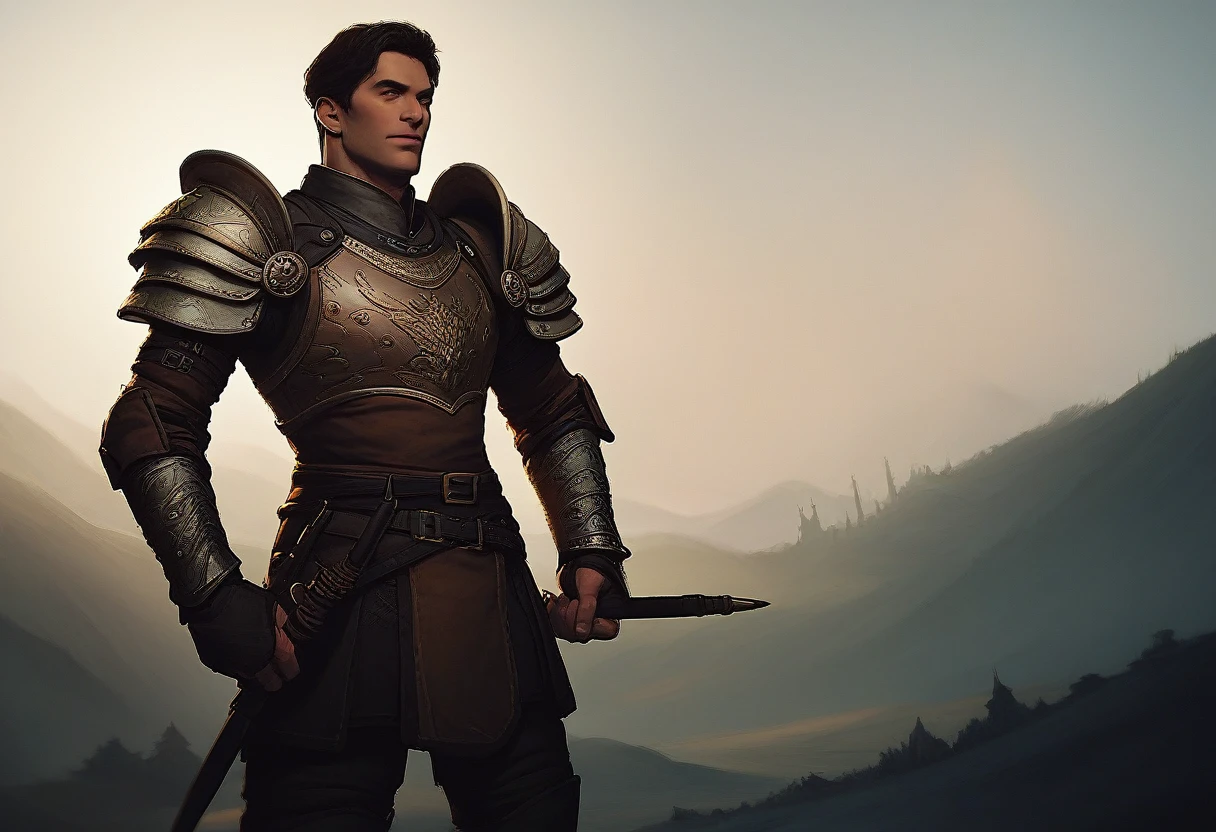 colored pencils, pictorial \(styled\), male rogue from the Elder Scrolls series, trunk, portraite, short dark hair, golden eye, Light green skin, brown leather armor, simple shoulder pad, black leather boots in a medieval European landscape, Dynamic shading, extremely detaild, light and dark colors,