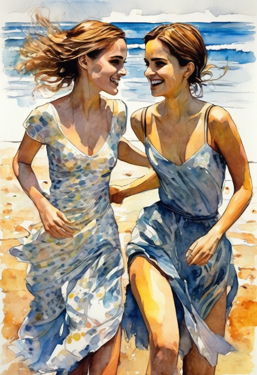 Emma Watson and Natalie Portman, dancing at a beach party watercolors in the style of Milo Manara,
