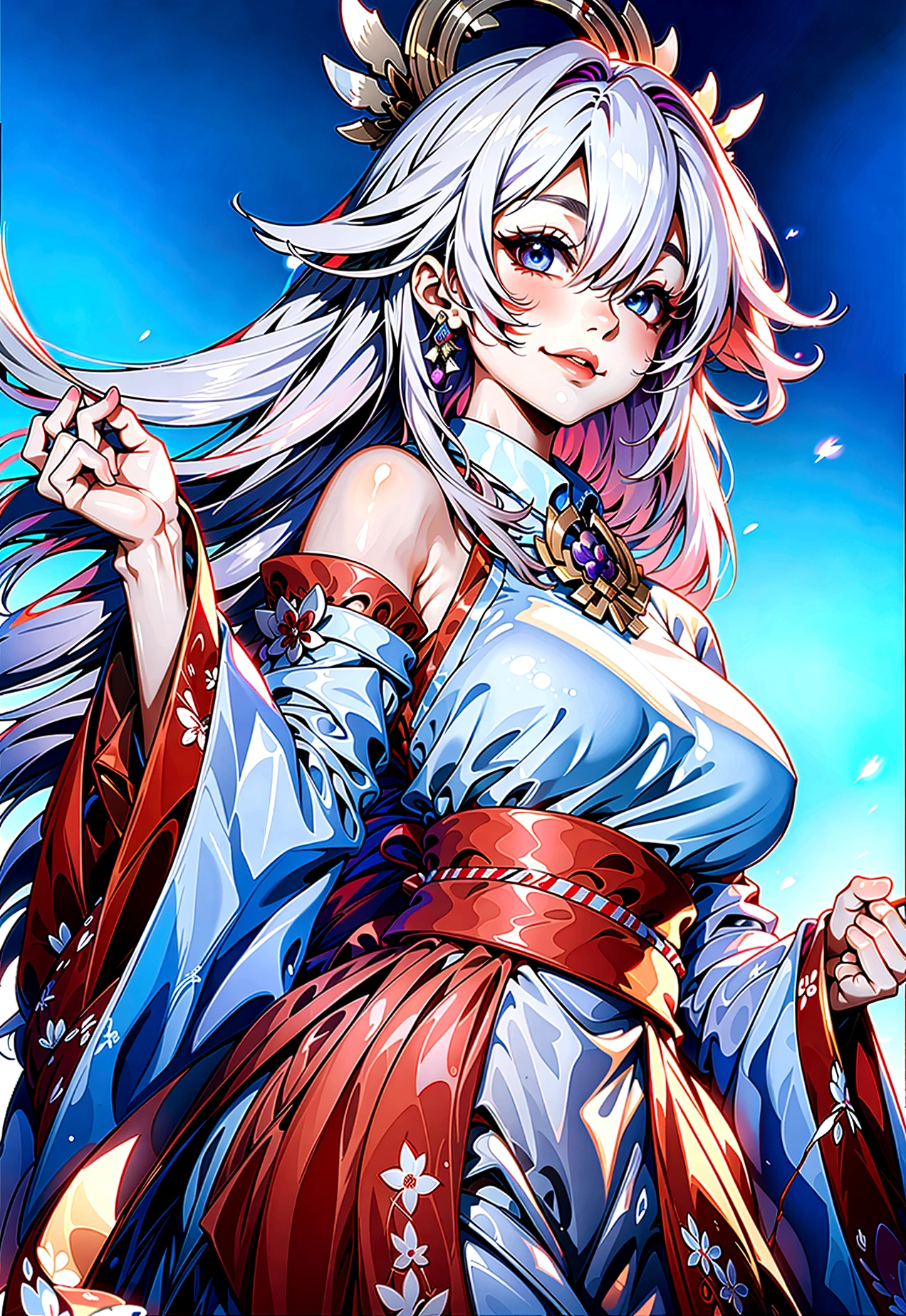 Kitsune human girl in her 20s with long white hair and white fox ears wearing white kimono with a blue belt with a white skirt and shirt socks with a blue ties blue eyes and from below a thin yellow colour holding string bells with a lot of blue sparkles around her and she has nine white tails as she's smiling with her mouth open revealing her fox fangs background holy Shrine in the mountains