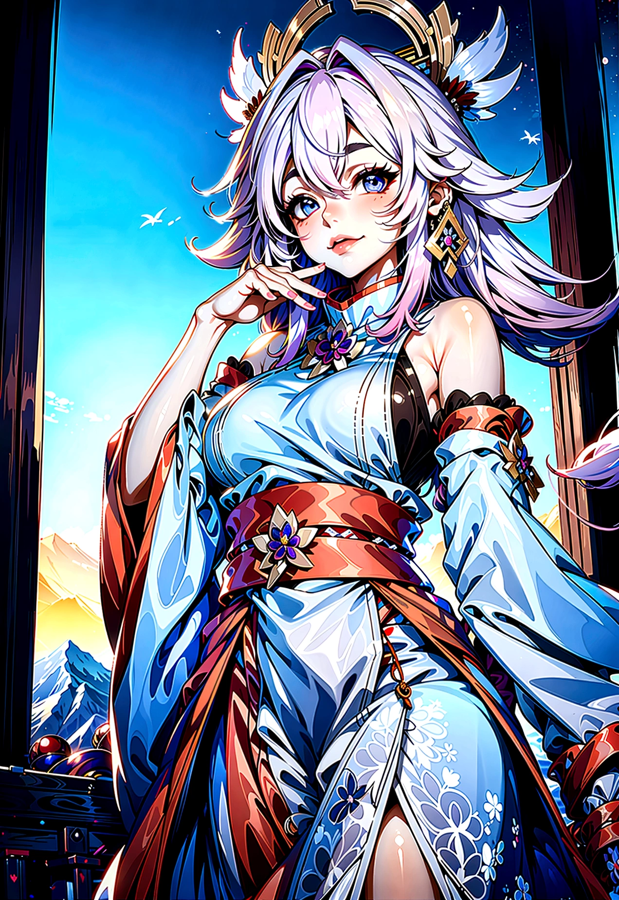 Kitsune human girl in her 20s with long white hair and white fox ears wearing white kimono with a blue belt with a white skirt and shirt socks with a blue ties blue eyes and from below a thin yellow colour holding string bells with a lot of blue sparkles around her and she has nine white tails as she's smiling with her mouth open revealing her fox fangs background holy Shrine in the mountains 