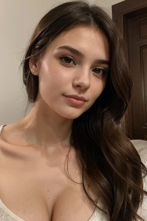 fille de 20 ans, visage fin, réaliste, cheveux long, brune, top model
