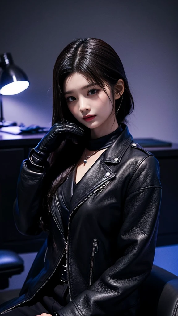Upper body covered with black leather gloves up to the fingertips in both hands, black leather double riders jacket, slender necklace, young and cute Japanese girl with beautiful black hair, sitting on a black leather chair facing the desk in the president's room at night, sitting on a cheek stick