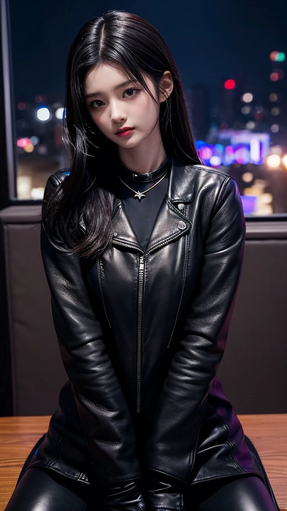 Upper body covered with black leather gloves up to the fingertips in both hands, black leather double riders jacket, slender necklace, young and cute Japanese girl with beautiful black hair, sitting on a black leather chair facing the desk in the president's room at night, sitting on a cheek stick