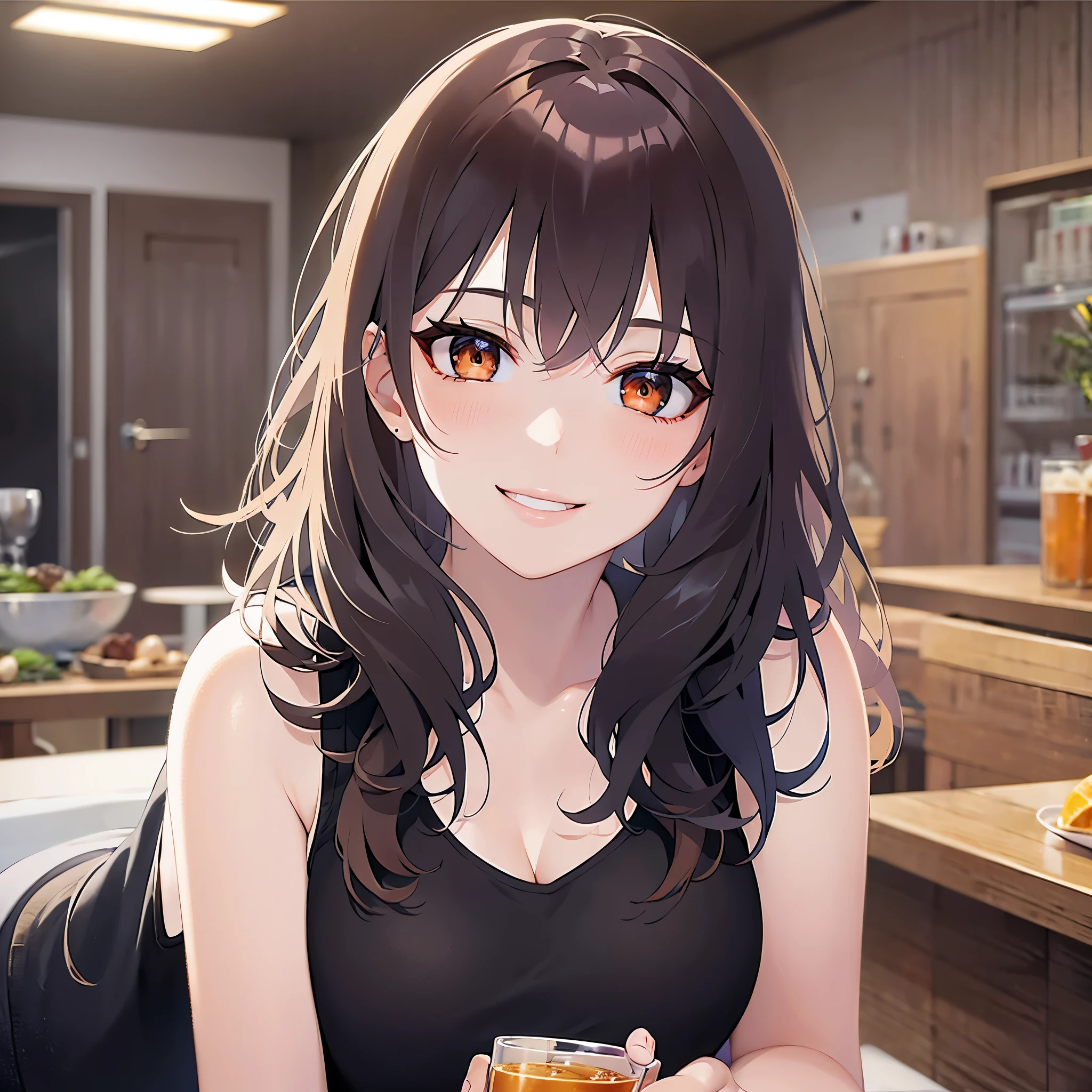 lookin at viewer,Upper Body,
Realistic, real person, (pale skin: 1.2), RAW photo, photorealistic, shiny skin, shiny hair、
(A 25-year-old woman with medium-length hair and bangs) and (wavy hair) and (brown hair) and (Orange Eyes)
, blush,(smile:1.5)
Tank top,The background is the living room at night、Drinking beer