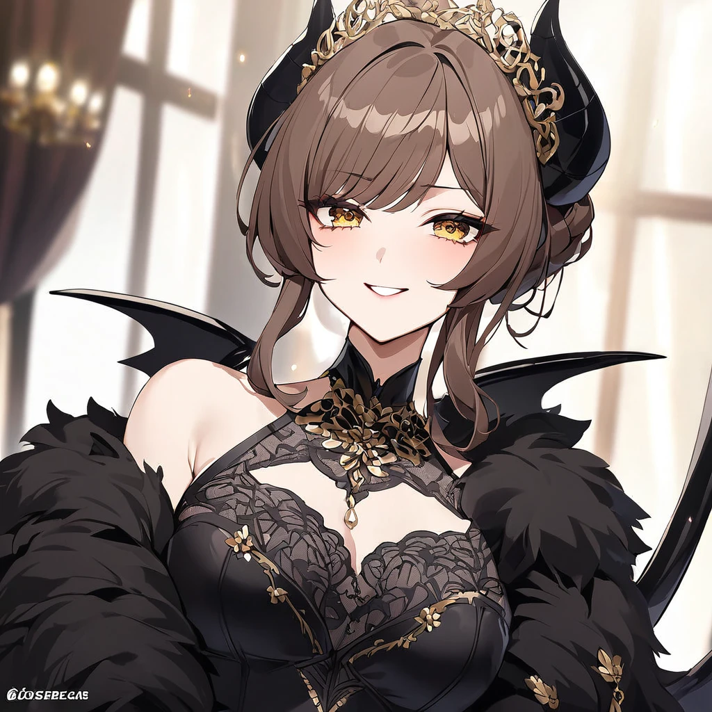 ((Highest quality)), ((masterpiece)), (detailed), （Perfect Face）、The woman is the Devil Queen Liza, a female demon wearing a luxurious black wedding dress decorated with gold.、The woman is a female demon with magnificent devil horns, jet black devil wings, and a jet black tail. She is looking at the camera with a happy expression, a demon named Liza, with short brown hair, a white hat, and the expression of a girl in love.、The woman is Liza