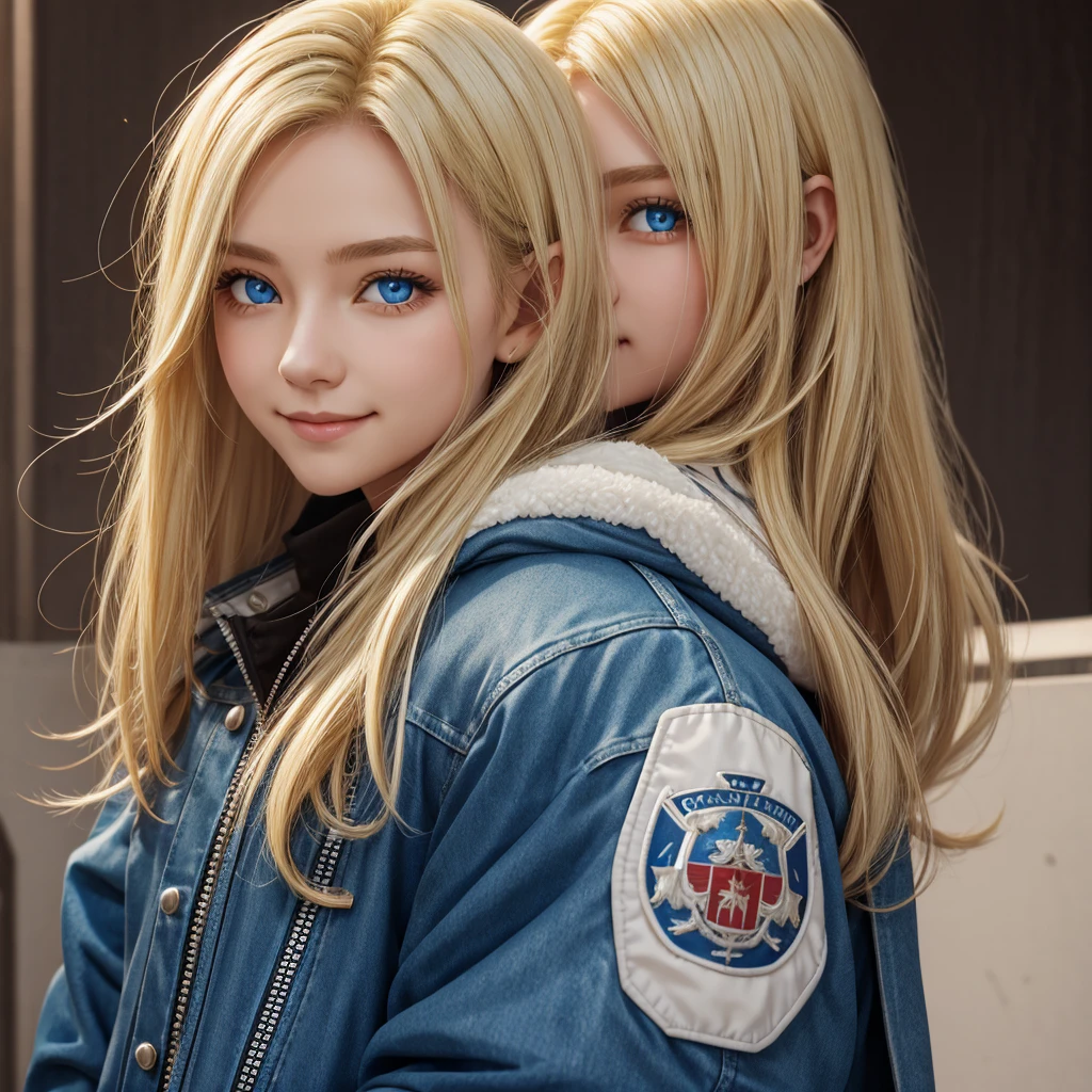 ChristiaAOT, 1girl, solo, christa renz, smile, hair between eyes, blue eyes, blonde hair, jacket, medium hair,