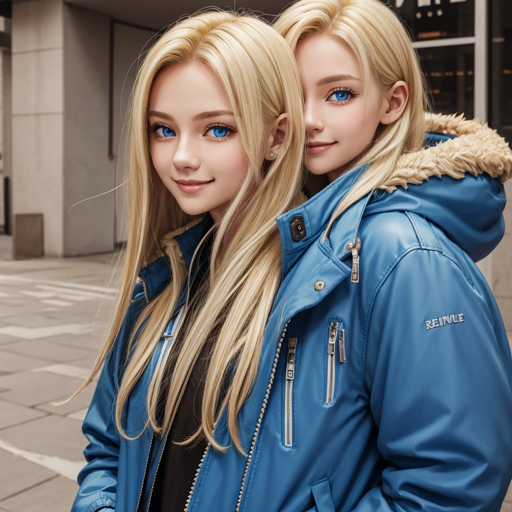 ChristiaAOT, 1girl, solo, christa renz, smile, hair between eyes, blue eyes, blonde hair, jacket, medium hair,