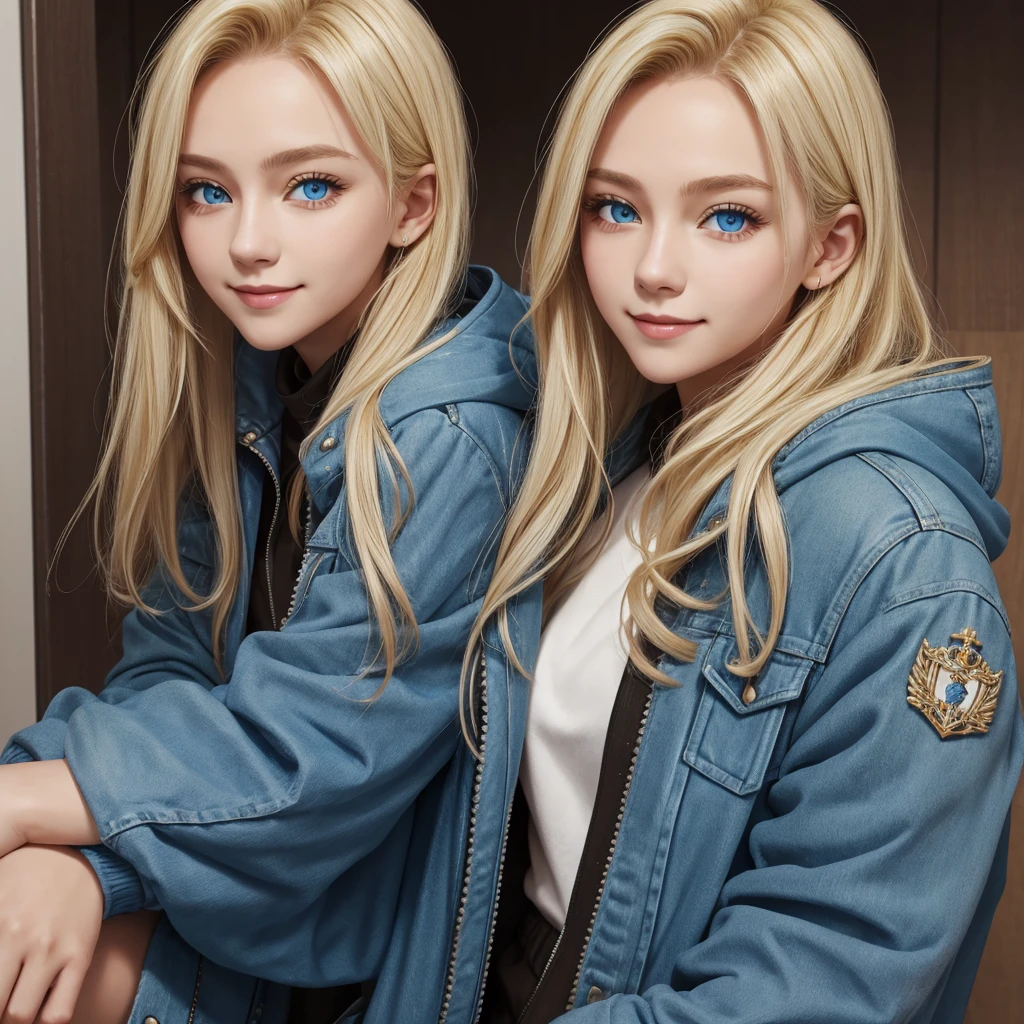 ChristiaAOT, 1girl, solo, christa renz, smile, hair between eyes, blue eyes, blonde hair, jacket, medium hair,