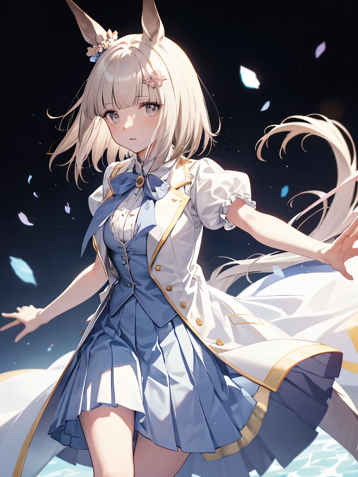 Mik, 1 girl, Solo, Best Quality, masutepiece, 8K, High resolution, Ultra-detailed, bob hair, reach arm for viewer, horse ears, horse tail, long coat, front opened, off white coat, short sleeves, puffy sleeves, pastel blue vest, pastel blue skirt, pleated skirt, large bowtie, short boots,