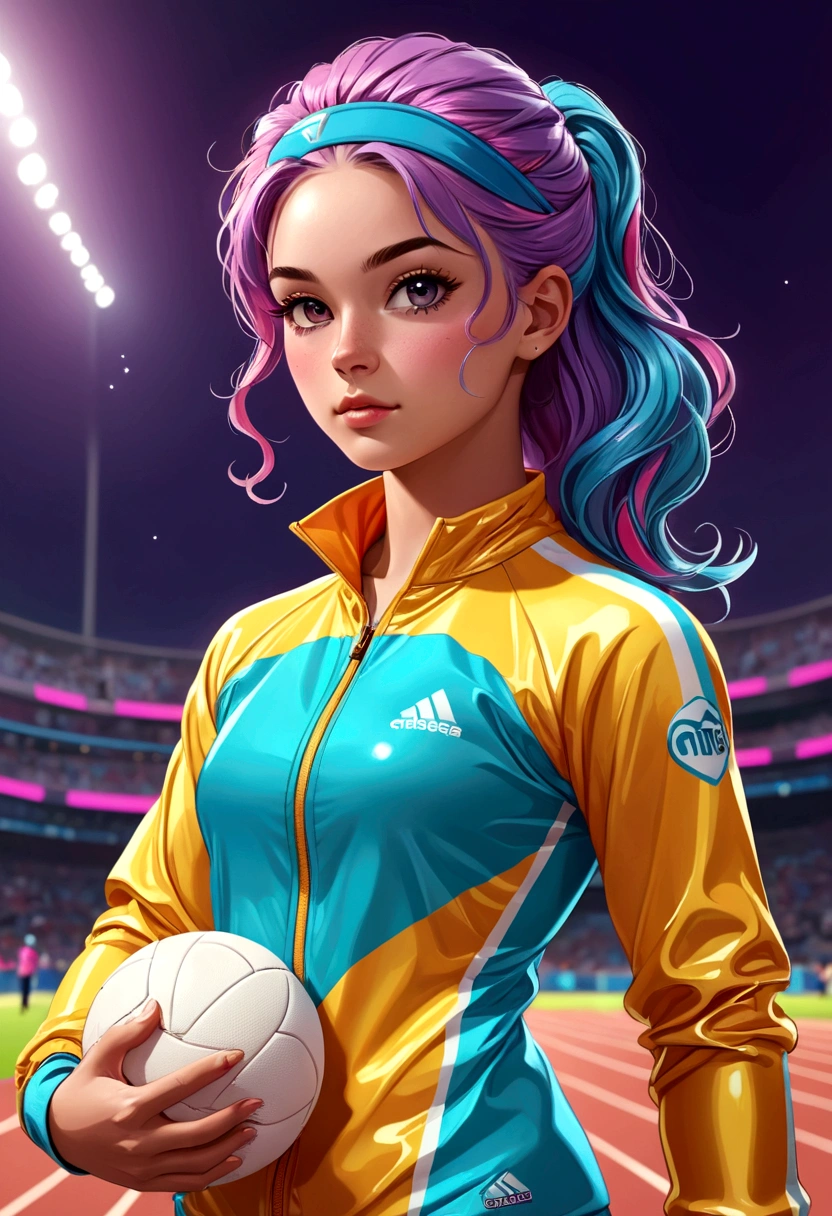 a muscular female athlete, athletic body, strong muscles, running pose, dynamic motion, outdoor sports field, blue sky, sunlight, sweat, determination, sports equipment