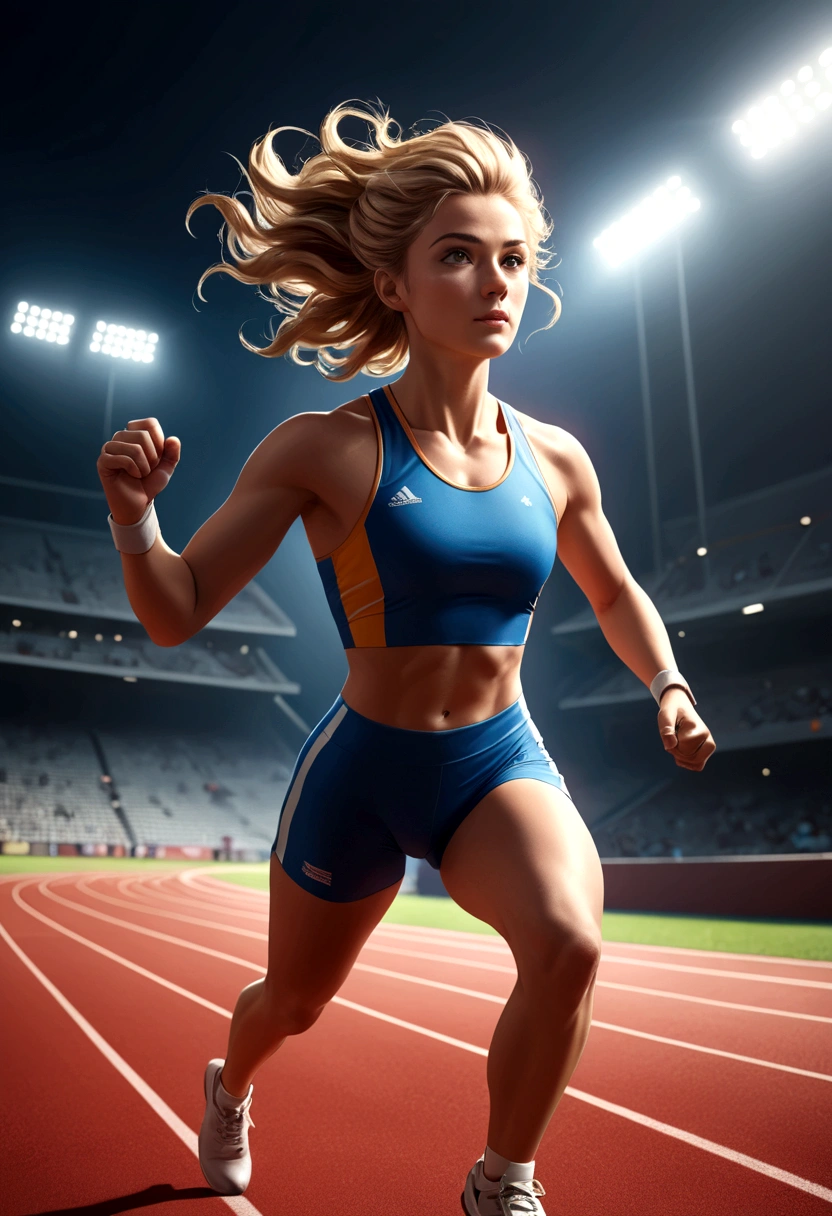 a muscular female athlete, athletic body, strong muscles, running pose, dynamic motion, outdoor sports field, blue sky, sunlight, sweat, determination, sports equipment