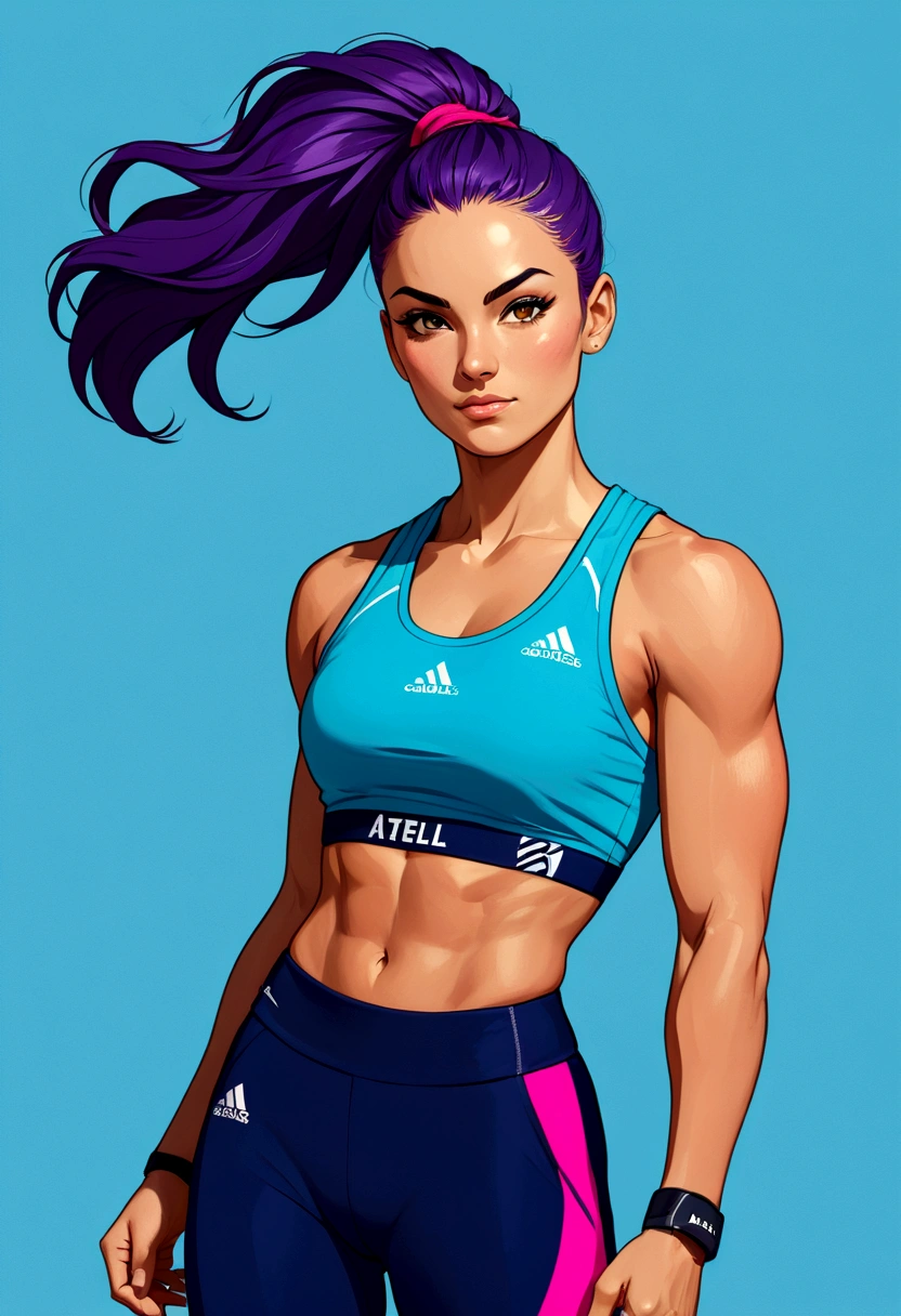 a muscular female athlete, athletic body, strong muscles, running pose, dynamic motion, outdoor sports field, blue sky, sunlight, sweat, determination, sports equipment
