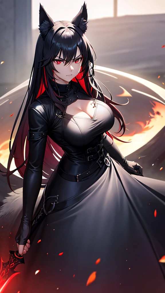 An adult woman, half wolf, eclipse hair, black ears, shining red eyes, wearing a black and blue dress, very angry, wide breasts, holding a sword,