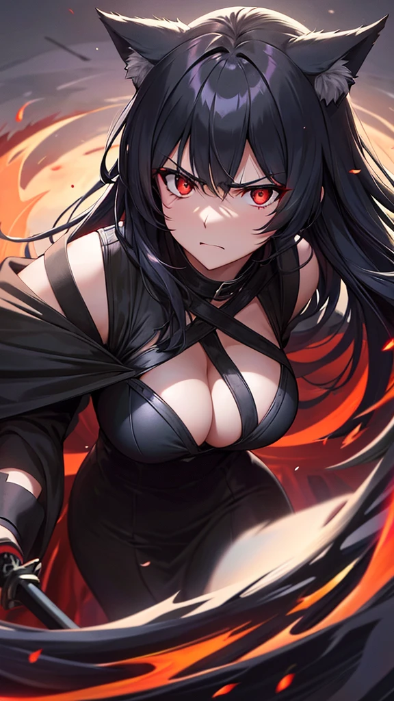 An adult woman, half wolf, eclipse hair, black ears, shining red eyes, wearing a black and blue dress, very angry, wide breasts, holding a sword,