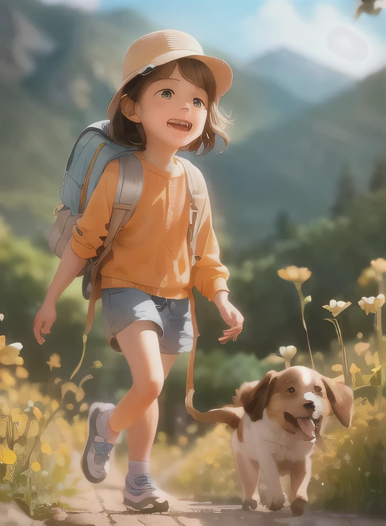 Prompt: An incredibly charming little boy carrying a backpack, accompanied by her adorable puppy, enjoying a lovely spring outing surrounded by beautiful yellow flowers and natural scenery. The illustration is in high definition at 4k resolution, with highly-detailed facial features and cartoon-style visuals.