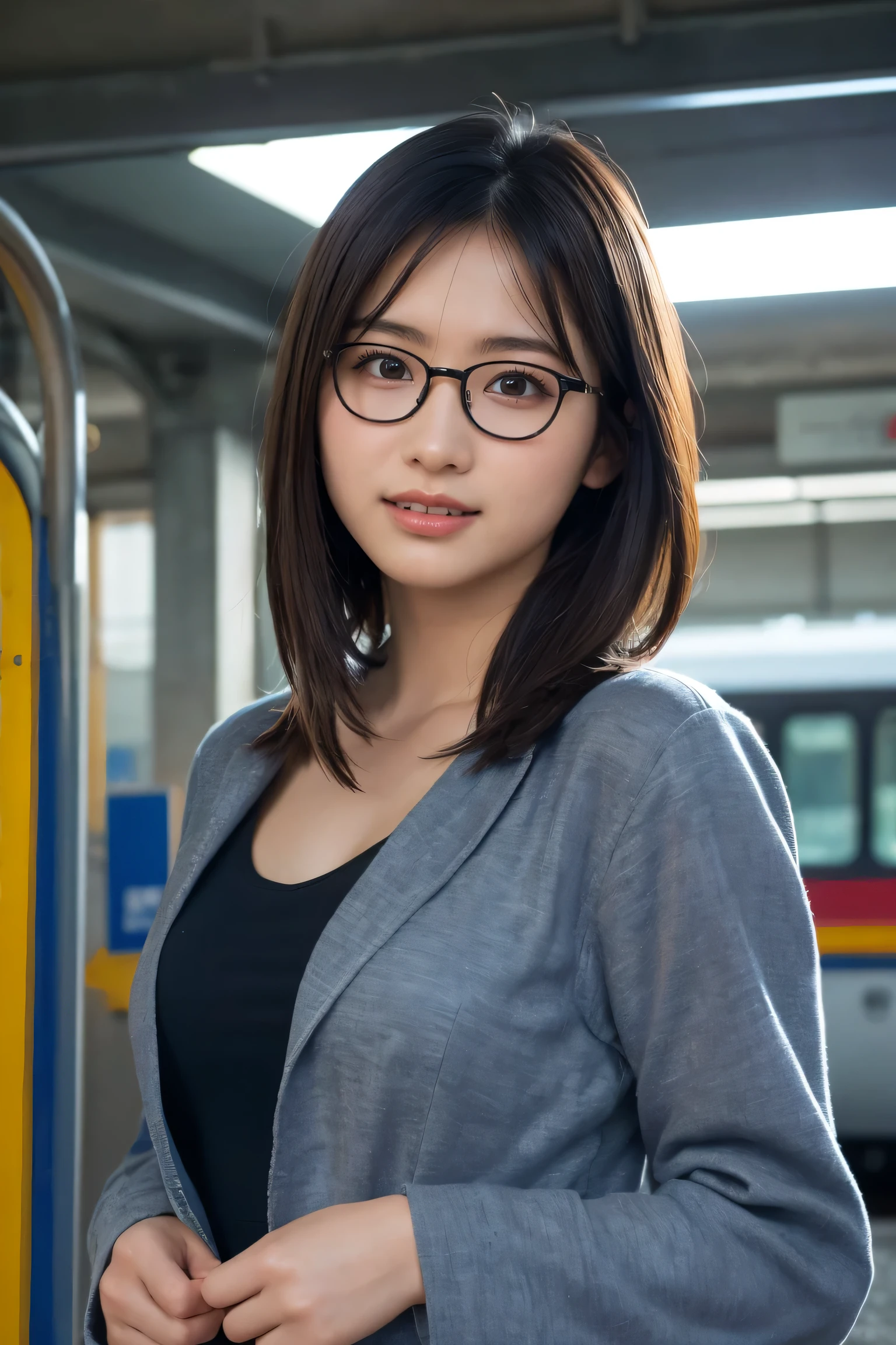 (8K、Raw photo、Highest quality、masterpiece:1.2)、(Realistic、Photorealistic:1.37)、Ultra-detailed、Ultra-high resolution、1 girl、Seeing the viewer、Beautifully detailed face、Laughter、narrow、(Slim waist) :1.3)、shortcut、Beautifully detailed skin、Skin Texture、Floating Hair、Professional Lighting、Waiting for the train on the platform、Black-rimmed square glasses 、Human whole body、Brown Hair、No sleeve